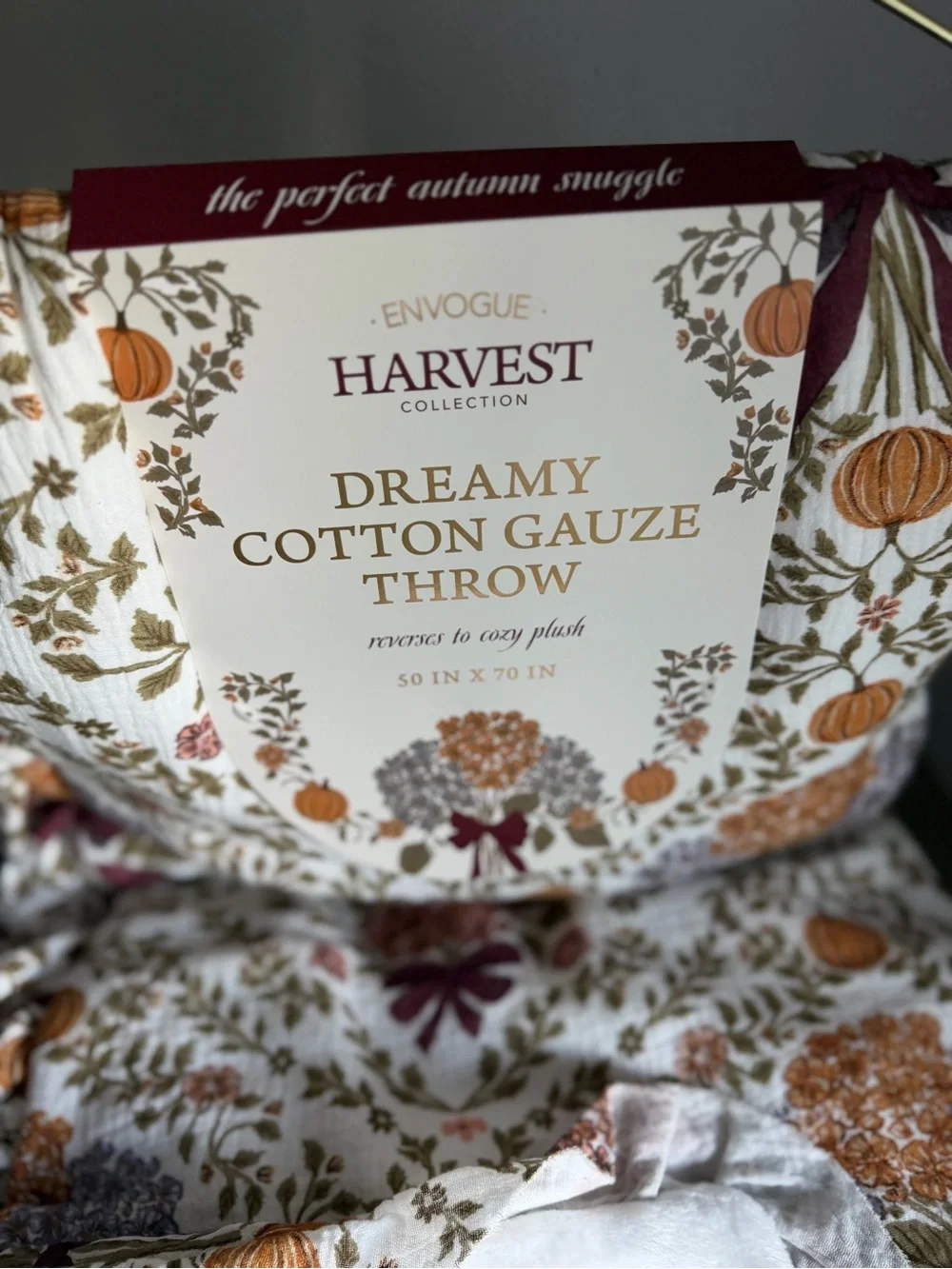 ENVOGUE Dreamy cotton gauze throw fall harvest pumpkin bows cottage core 50”x70